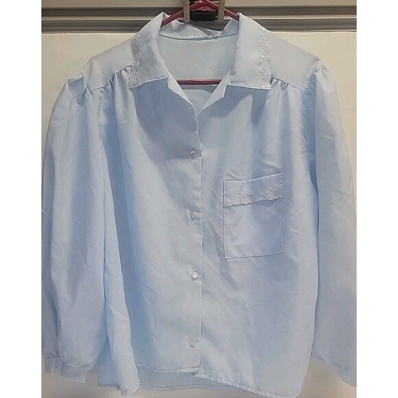 Vtg 80s Secretary Blouse Blue Office Sheer Floral Collar Pocket Sz XL - Picture 1 of 13